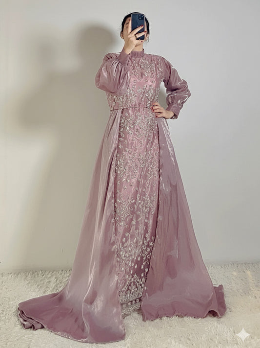 Luxury Dusty Mauve Pearl Embroidered Long Maxi with Korean Silk Double Layered tail