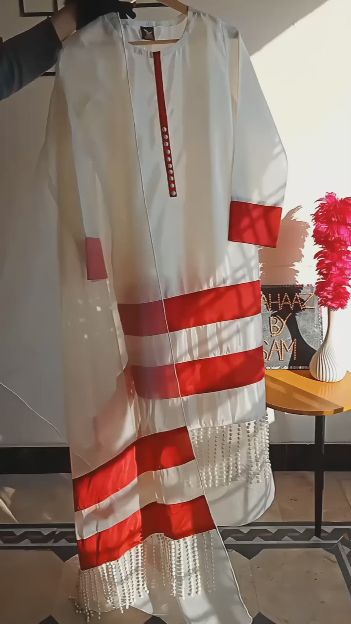 Off-white Kathan Silk Festive Dress With Organza Dupatta.