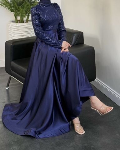 Dazzling Navy Blue Satin Silk Frock