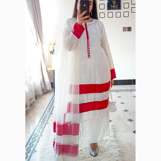 Off-white Kathan Silk Festive Dress With Organza Dupatta.