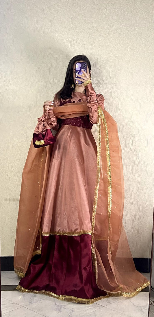 Peach China Silk Festive Frock.