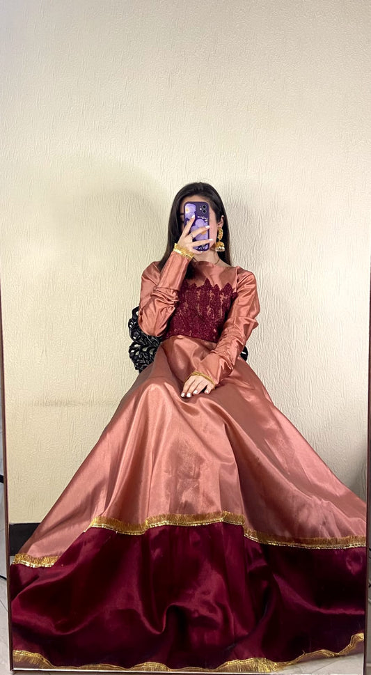Peach China Silk Festive Frock.