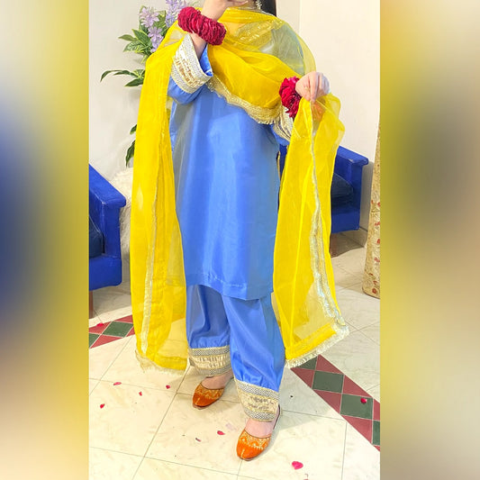 Tufts Blue Kathan Silk Mehandi Dress.