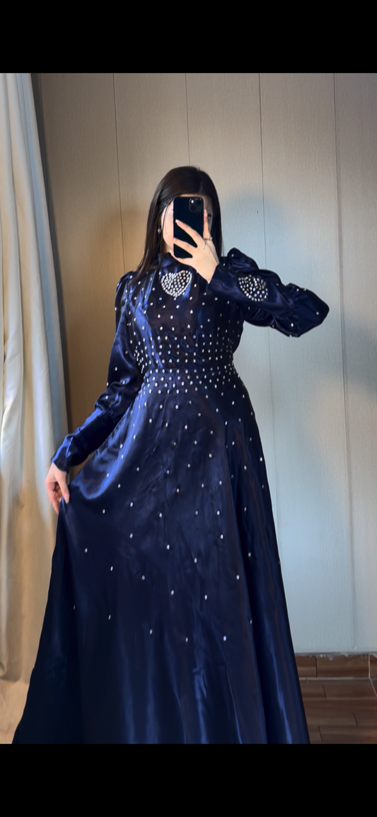 Blue Crystal Work Premium Satin Maxi