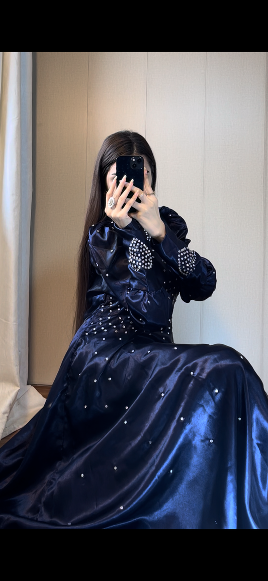 Blue Crystal Work Premium Satin Maxi