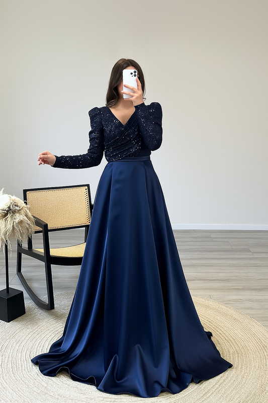 Dazzling Navy Blue Satin Silk Frock