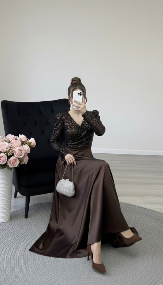 Beautiful chocolate brown party wear satin sequin maxi