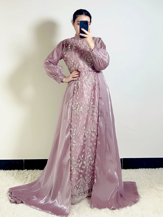 Luxury Dusty Mauve Pearl Embroidered Long Maxi with Korean Silk Double Layered tail