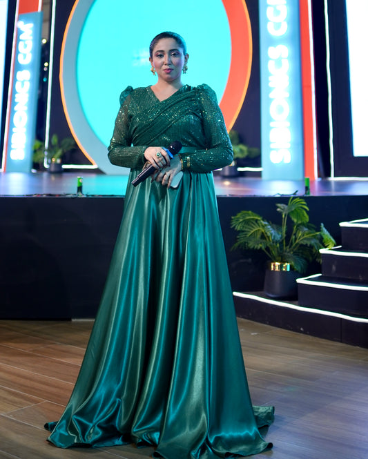 Dazzling Emarld Satin Silk Maxi