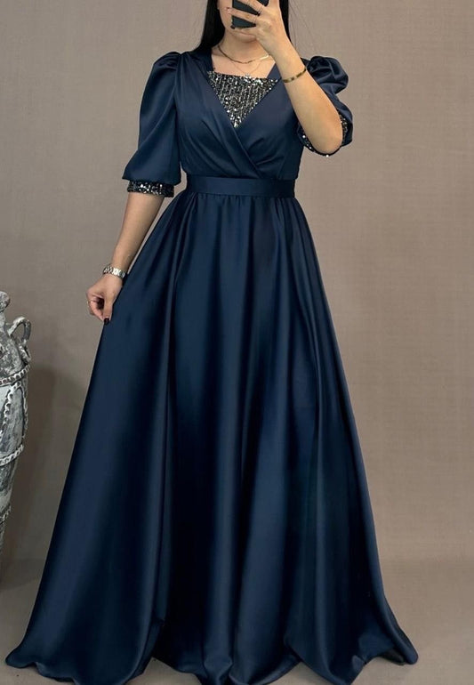 Dazzling Navy Blue Satin Silk Maxi