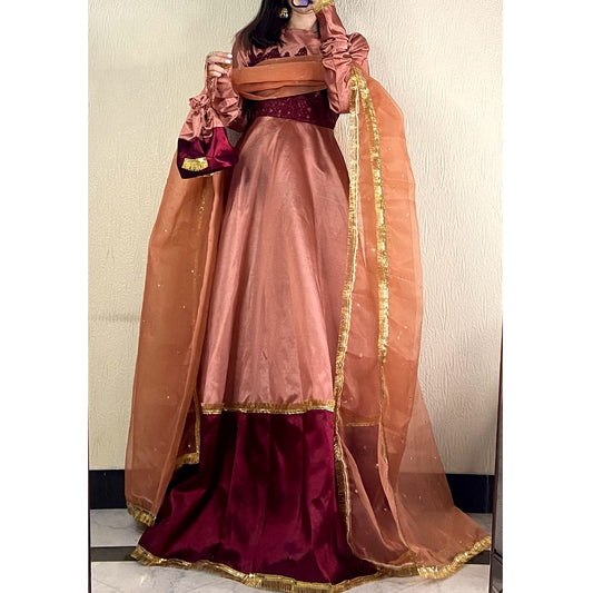 Peach Color China Silk Three Piece Festive Frock.