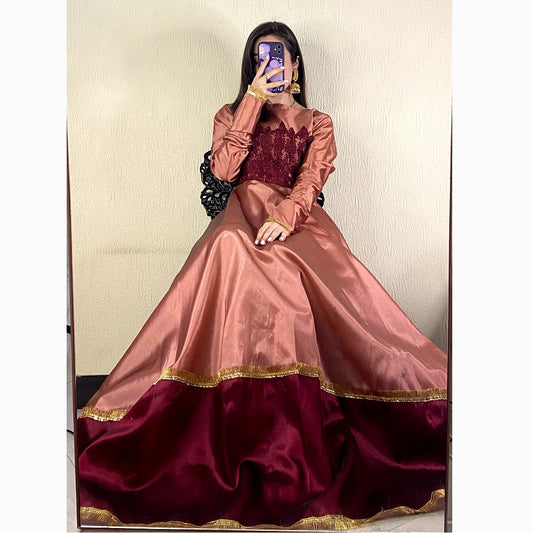 Peach Color China Silk Three Piece Festive Frock.