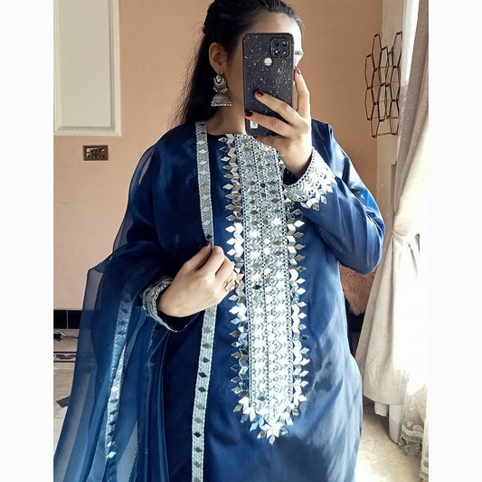 Navy Blue Chine Mirror Work Festive Dress.