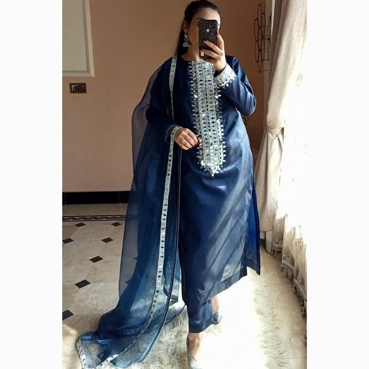 Navy Blue Chine Mirror Work Festive Dress.