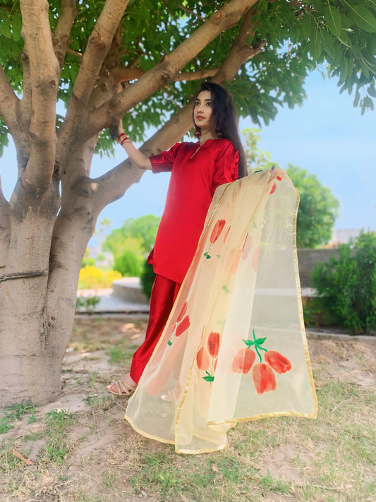 Rose🌹Silk dress with hand-painted rose organza dupatta