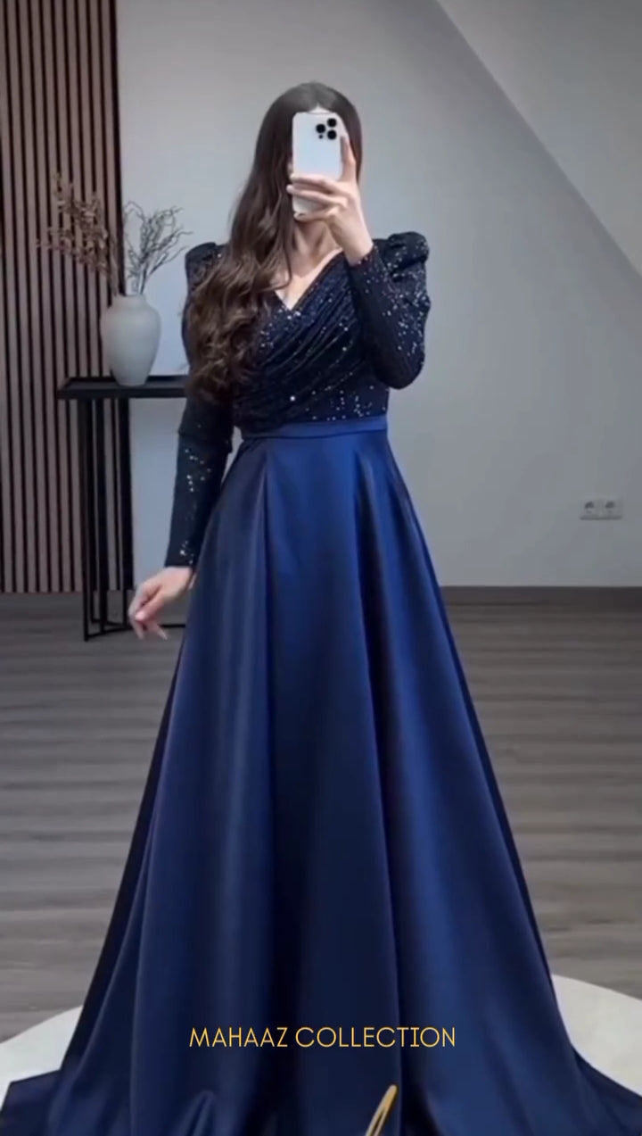 Dazzling Navy Blue Satin Silk Frock