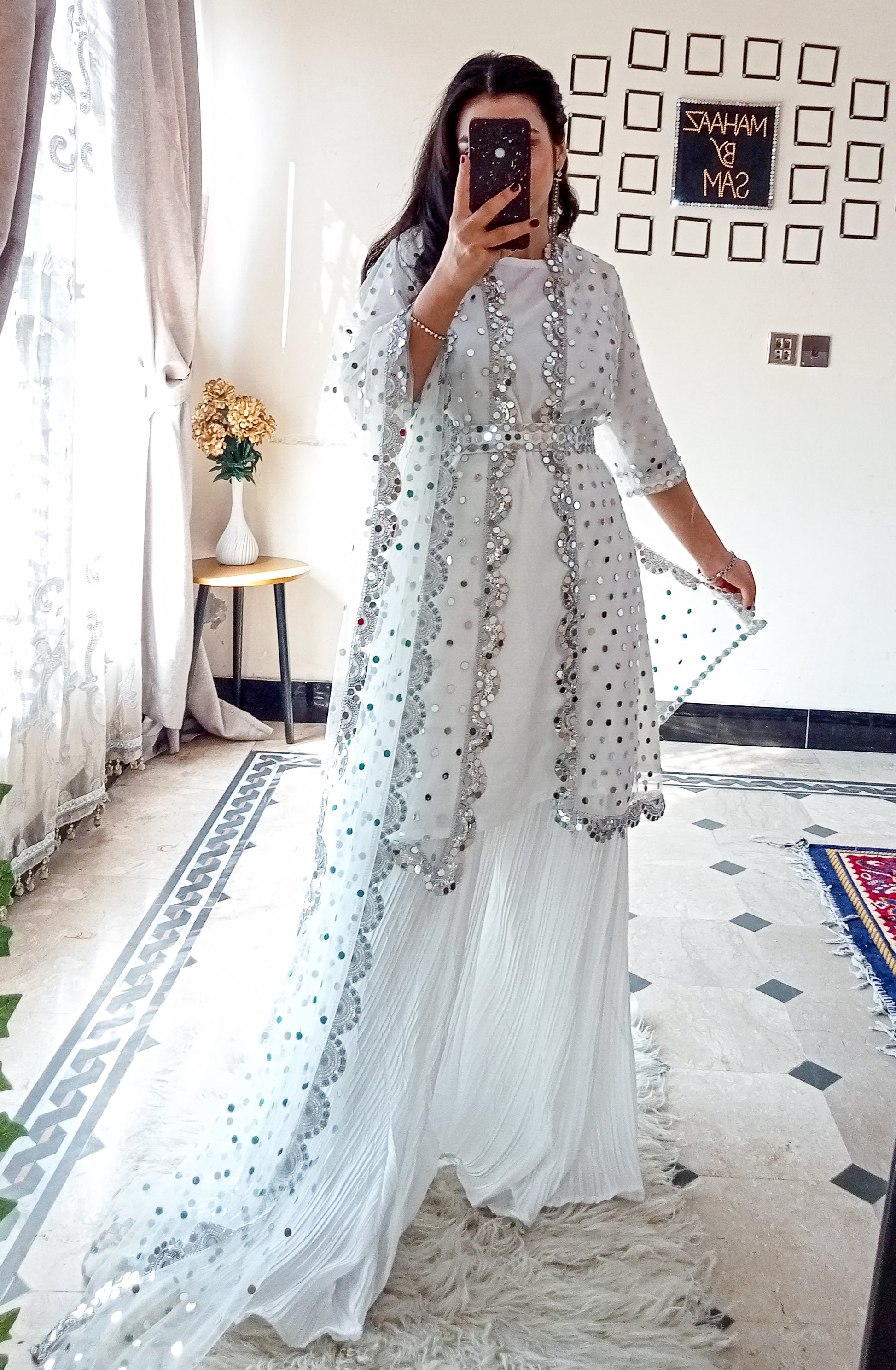 Pure White Mirror Work Festive Dress. Pure White Mirror Work Festive Dress.
