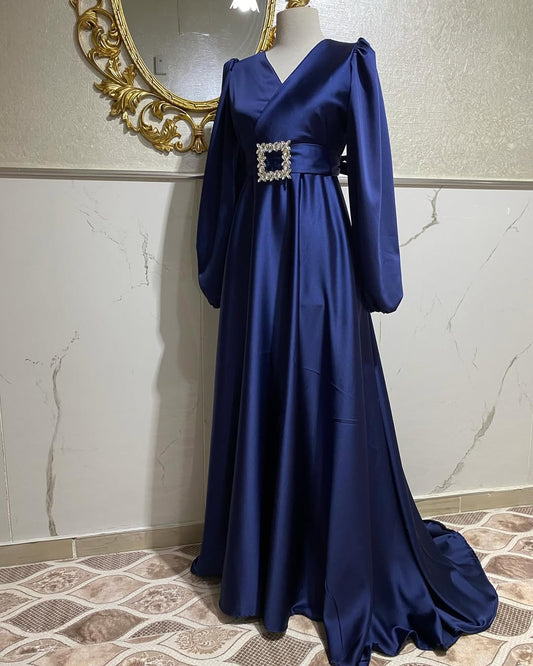 Dazzling Navy Blue Satin Silk Frock